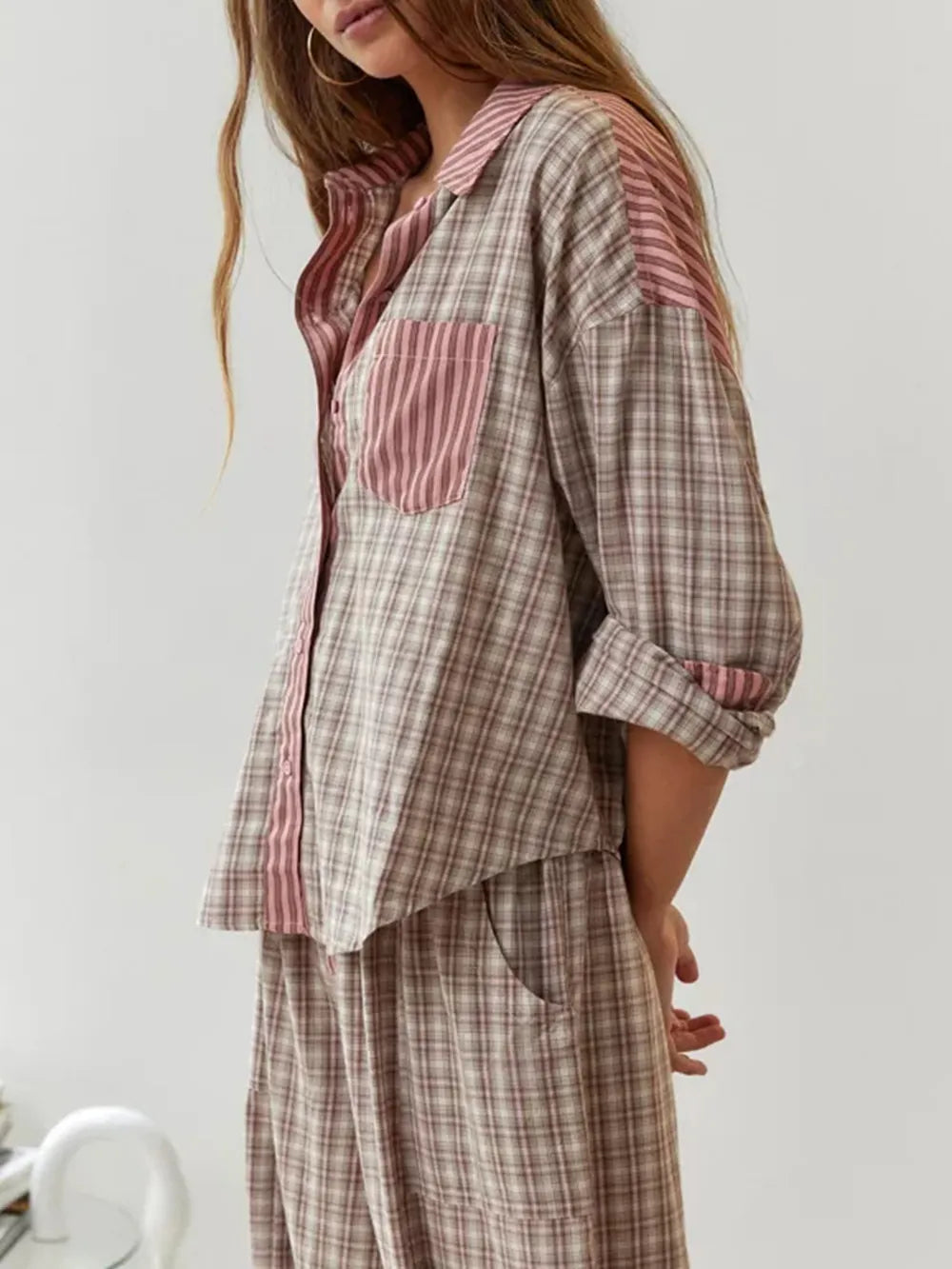 Pajama Set - Women's Long Sleeve Plaid Cotton Pajama Set-Grace Aura