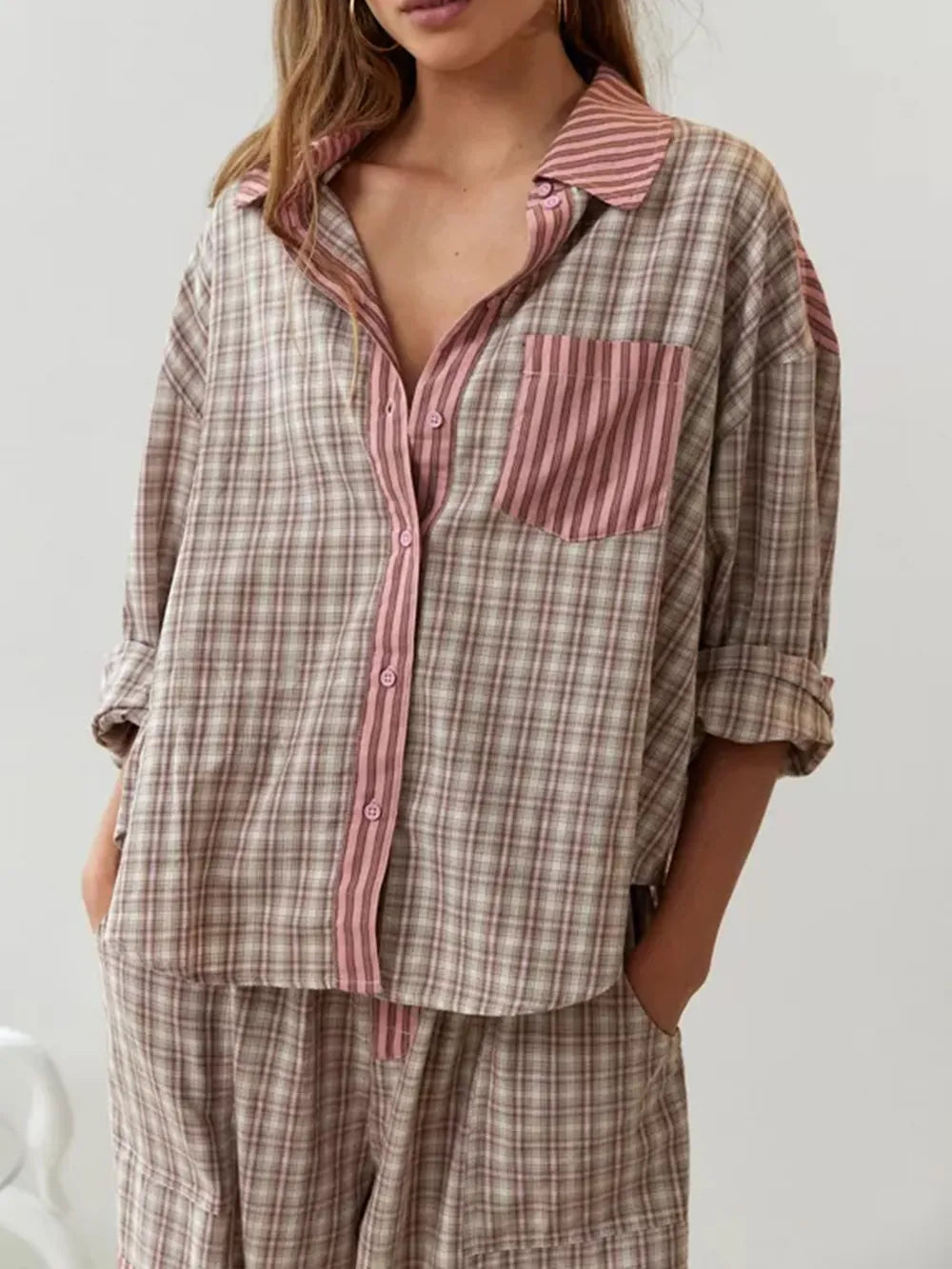 Pajama Set - Women's Long Sleeve Plaid Cotton Pajama Set-Grace Aura