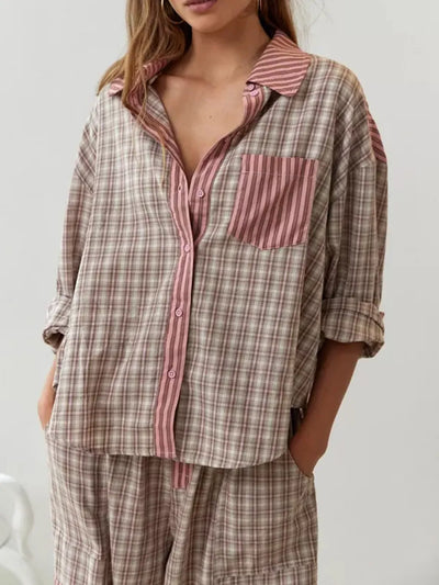 Pajama Set - Women's Long Sleeve Plaid Cotton Pajama Set-Grace Aura