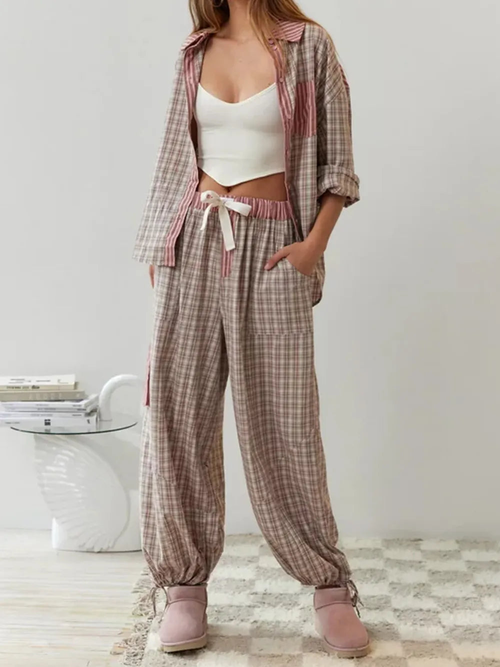 Pajama Set - Women's Long Sleeve Plaid Cotton Pajama Set-Grace Aura