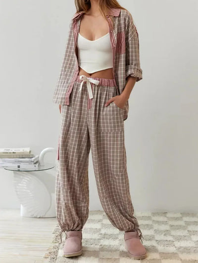 Pajama Set - Women's Long Sleeve Plaid Cotton Pajama Set-Grace Aura