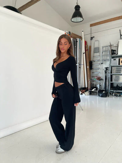 Pants and Top Set | Long Sleeve | V-Neck | Two-Piece Set | Women's Clothing-Grace Aura