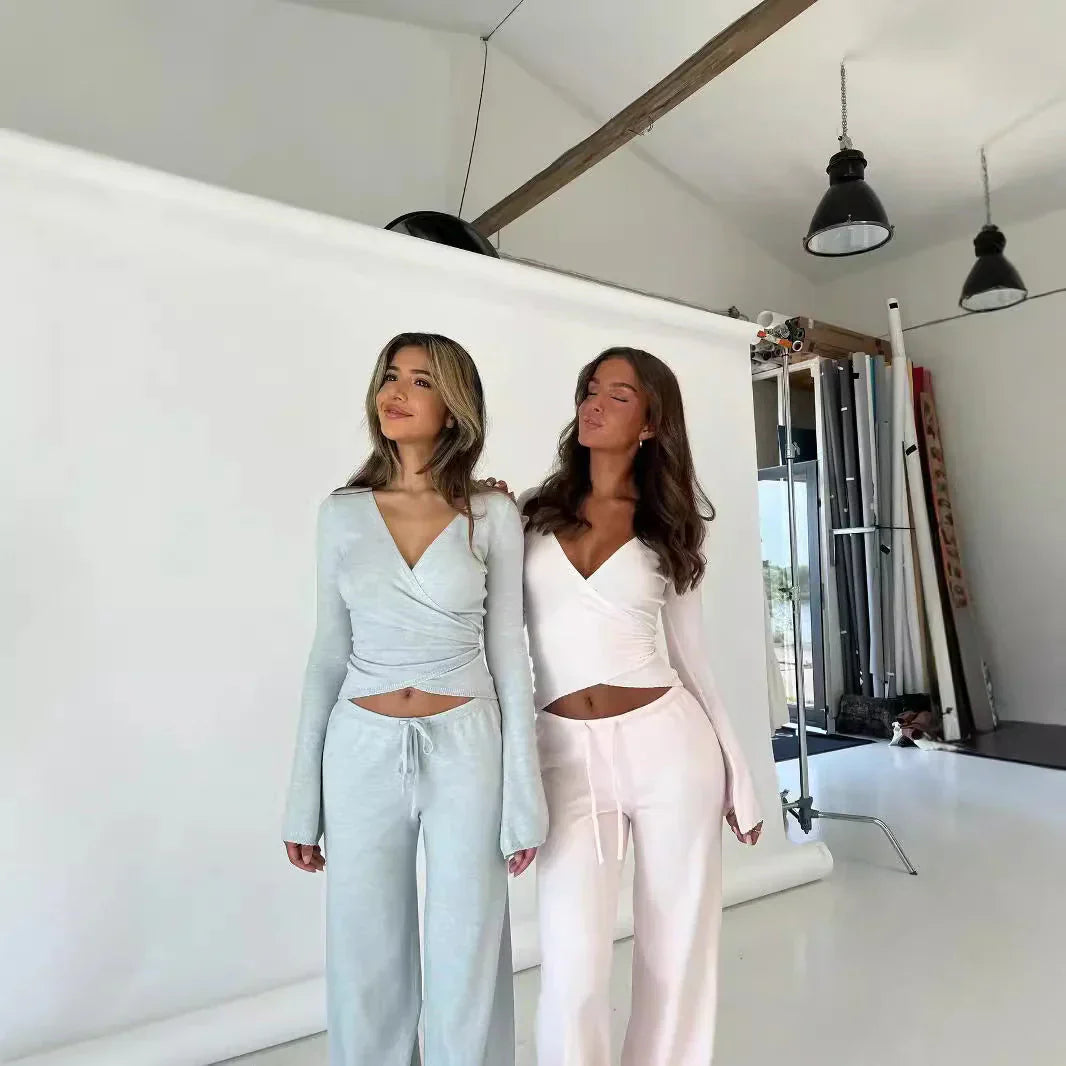 Pants and Top Set | Long Sleeve | V-Neck | Two-Piece Set | Women's Clothing-Grace Aura