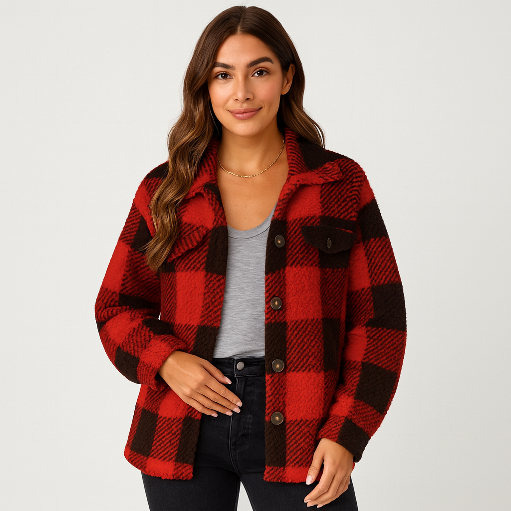 Plaid Jacket - Women's Warm Short Button-Up Fleece Jacket for Winter-Grace Aura