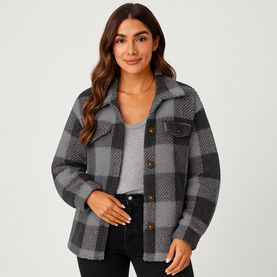 Plaid Jacket - Women's Warm Short Button-Up Fleece Jacket for Winter-Grace Aura