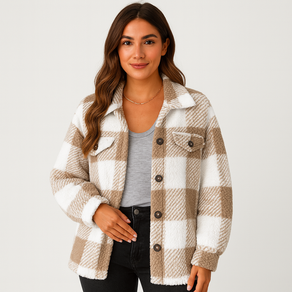 Plaid Jacket - Women's Warm Short Button-Up Fleece Jacket for Winter-Grace Aura