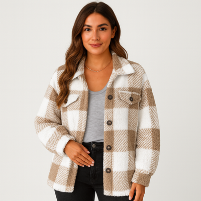 Plaid Jacket - Women's Warm Short Button-Up Fleece Jacket for Winter-Grace Aura