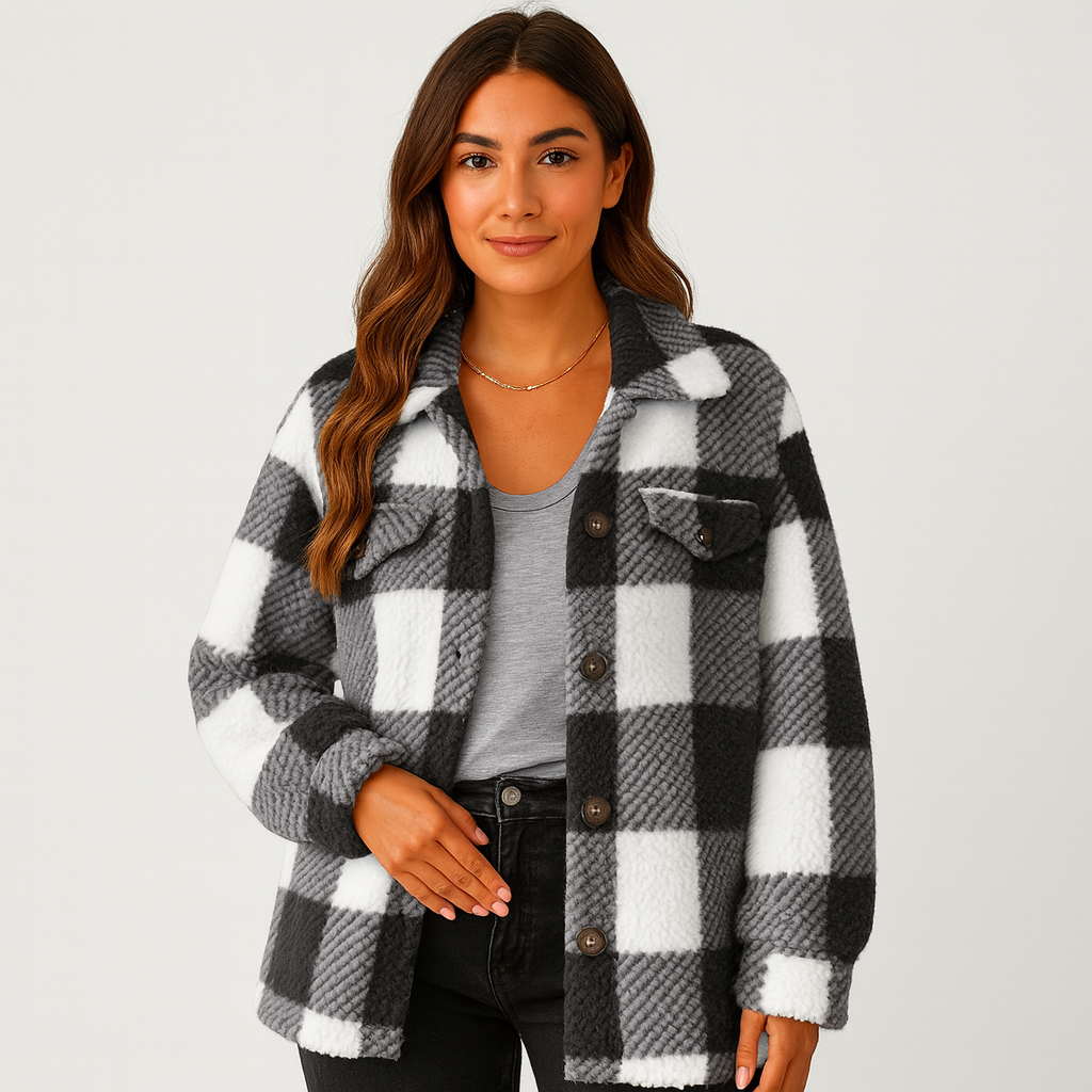 Plaid Jacket - Women's Warm Short Button-Up Fleece Jacket for Winter-Grace Aura