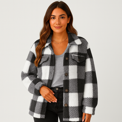 Plaid Jacket - Women's Warm Short Button-Up Fleece Jacket for Winter-Grace Aura