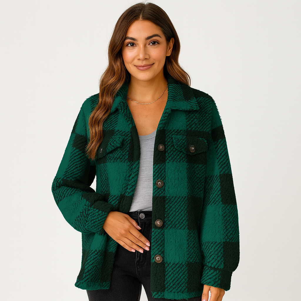 Plaid Jacket - Women's Warm Short Button-Up Fleece Jacket for Winter-Grace Aura
