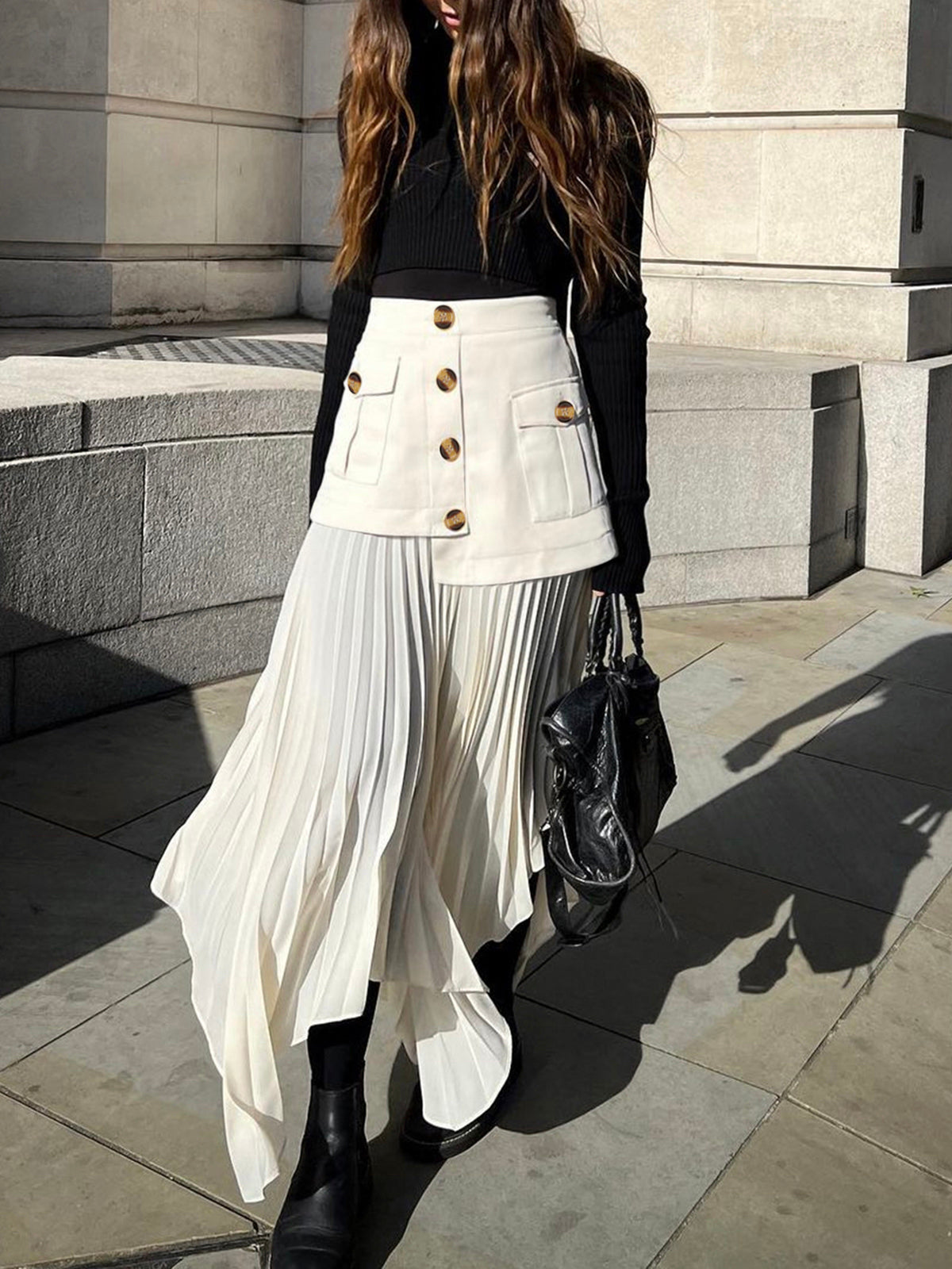 Pleated Skirt - Asymmetrical - High Waist - Midi Skirt - Plisse Skirt-Grace Aura