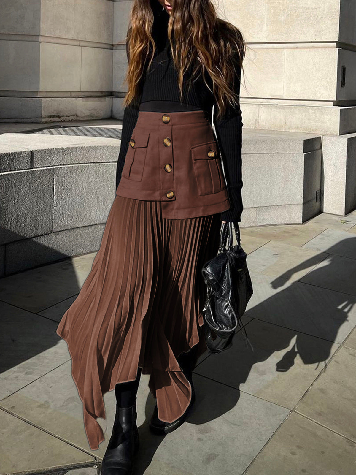 Pleated Skirt - Asymmetrical - High Waist - Midi Skirt - Plisse Skirt-Grace Aura