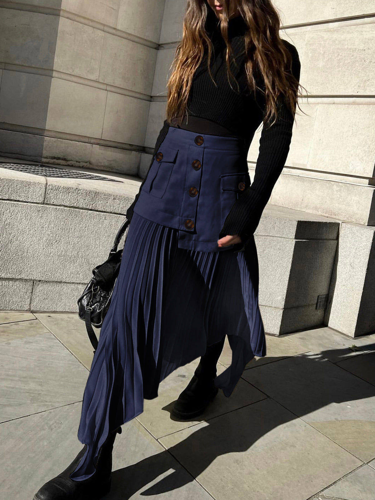 Pleated Skirt - Asymmetrical - High Waist - Midi Skirt - Plisse Skirt-Grace Aura