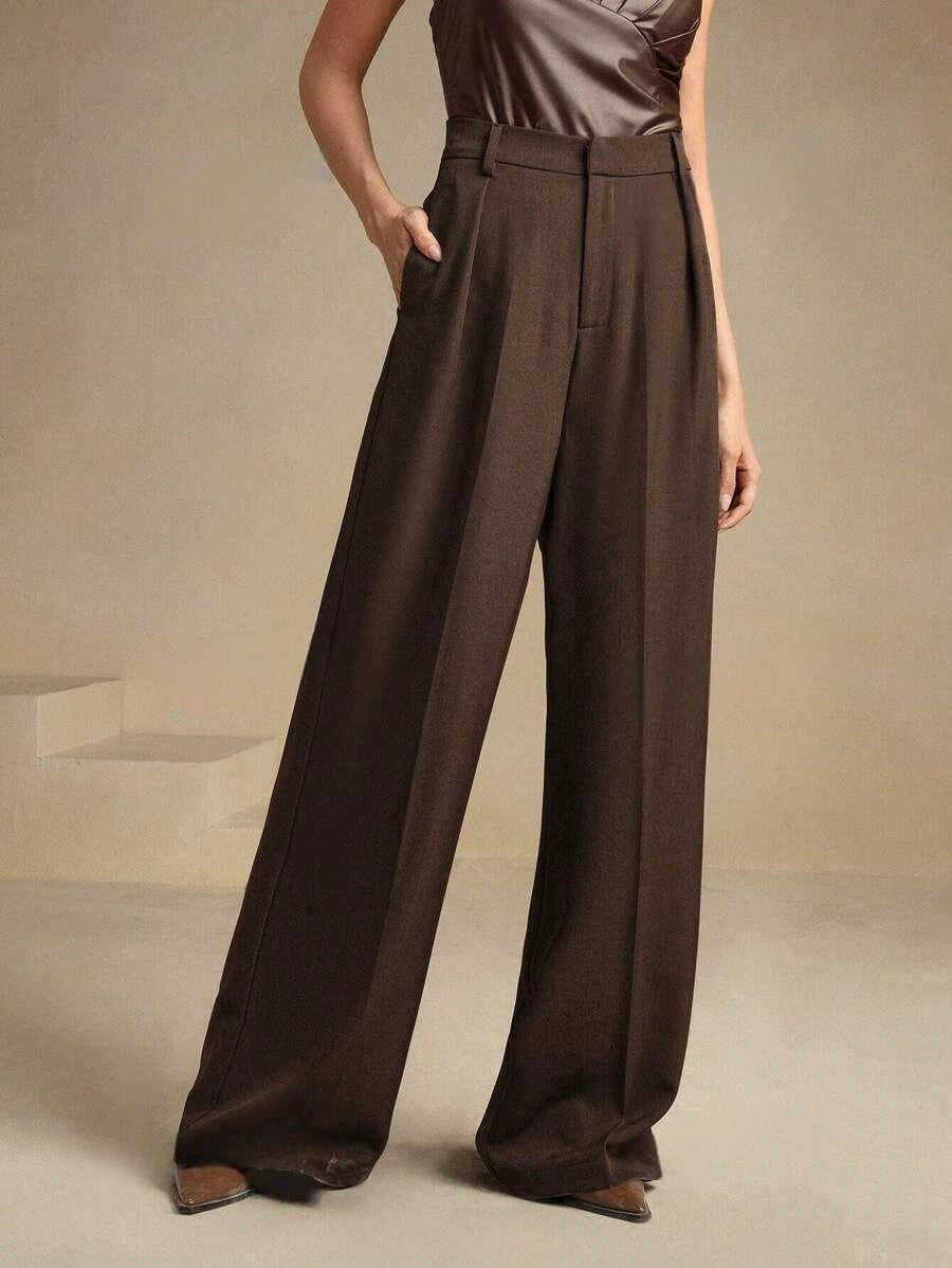Pleated Trousers - High Waisted - Formal - Wide-leg Trousers - Women's Trousers-Grace Aura