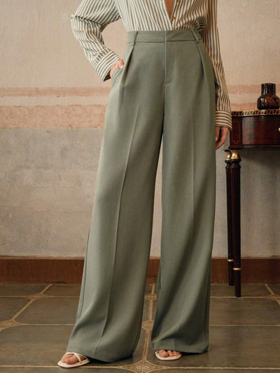 Pleated Trousers - High Waisted - Formal - Wide-leg Trousers - Women's Trousers-Grace Aura
