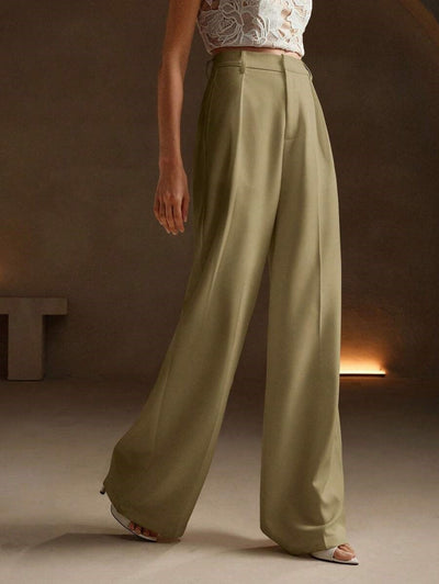 Pleated Trousers - High Waisted - Formal - Wide-leg Trousers - Women's Trousers-Grace Aura