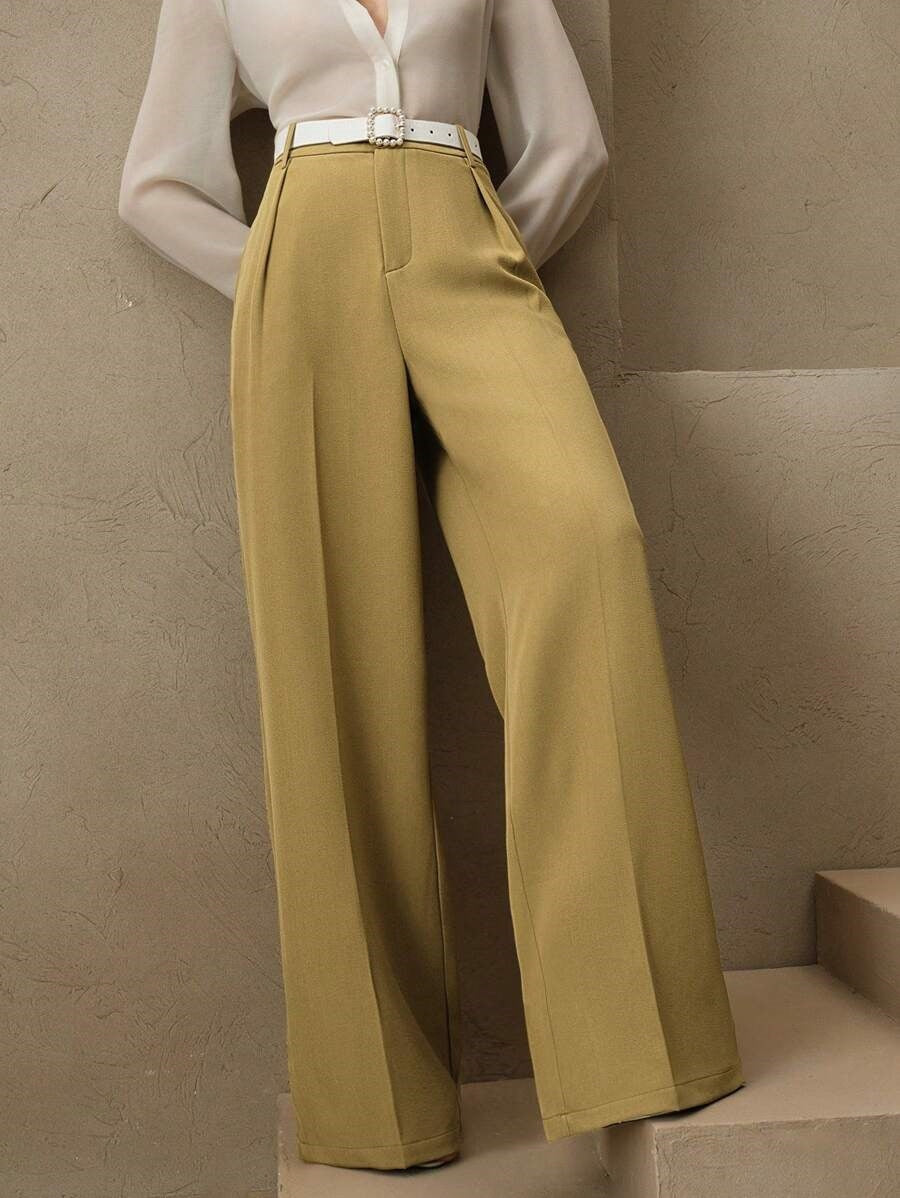 Pleated Trousers - High Waisted - Formal - Wide-leg Trousers - Women's Trousers-Grace Aura