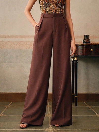 Pleated Trousers - High Waisted - Formal - Wide-leg Trousers - Women's Trousers-Grace Aura