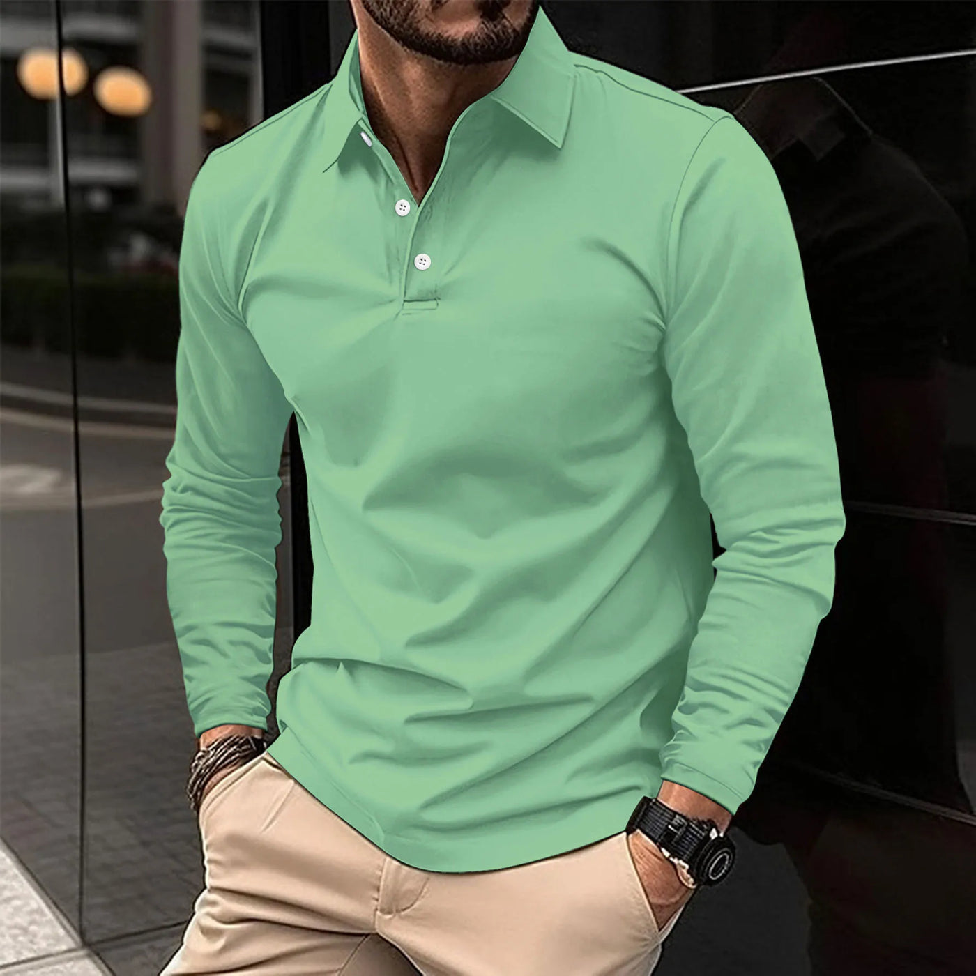 Polo Shirt - Men's Collared Long Sleeve Polo Shirt-Grace Aura
