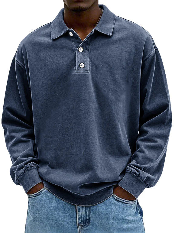 Polo Sweatshirt - Collared - Washed - Oversized Pullover - Men's Clothing-Grace Aura