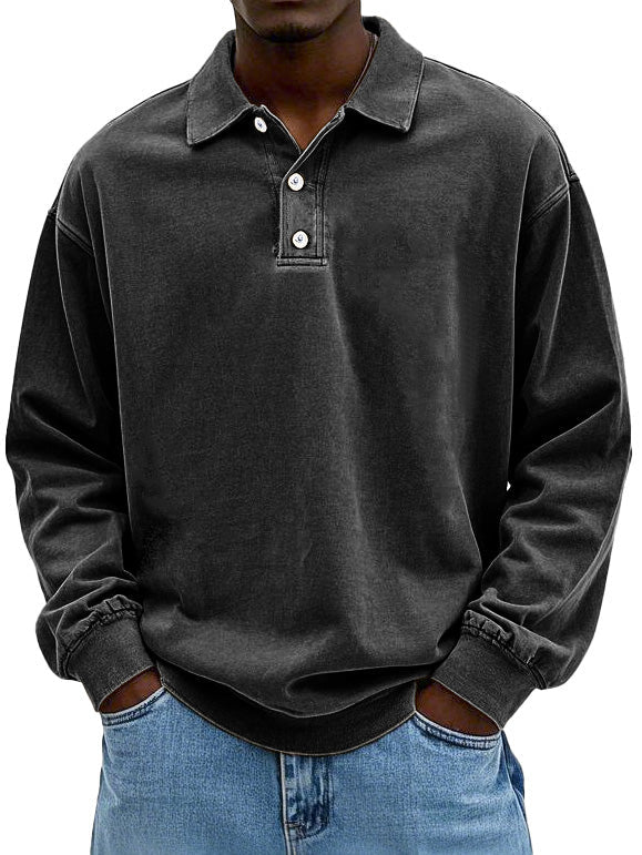 Polo Sweatshirt - Collared - Washed - Oversized Pullover - Men's Clothing-Grace Aura