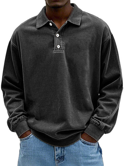 Polo Sweatshirt - Collared - Washed - Oversized Pullover - Men's Clothing-Grace Aura