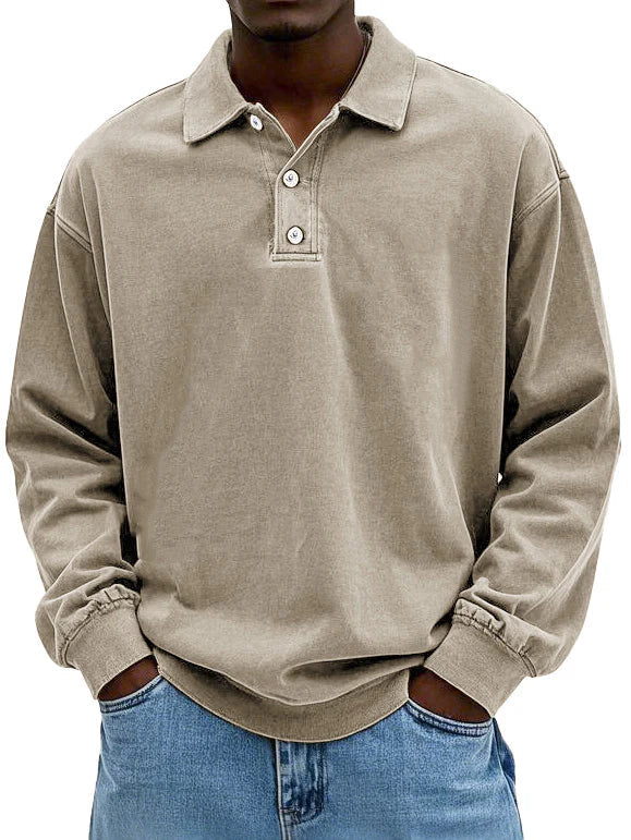 Polo Sweatshirt - Collared - Washed - Oversized Pullover - Men's Clothing-Grace Aura