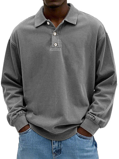 Polo Sweatshirt - Collared - Washed - Oversized Pullover - Men's Clothing-Grace Aura