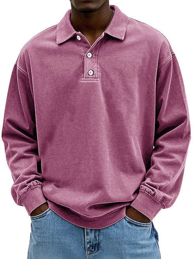 Polo Sweatshirt - Collared - Washed - Oversized Pullover - Men's Clothing-Grace Aura