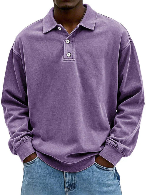 Polo Sweatshirt - Collared - Washed - Oversized Pullover - Men's Clothing-Grace Aura