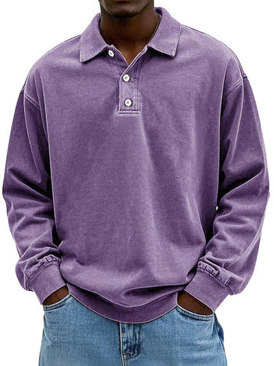 Polo Sweatshirt - Collared - Washed - Oversized Pullover - Men's Clothing-Grace Aura