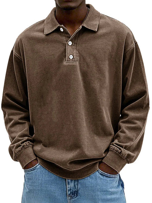 Polo Sweatshirt - Collared - Washed - Oversized Pullover - Men's Clothing-Grace Aura