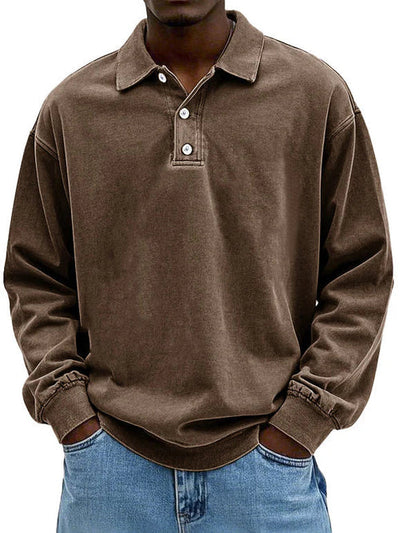 Polo Sweatshirt - Collared - Washed - Oversized Pullover - Men's Clothing-Grace Aura