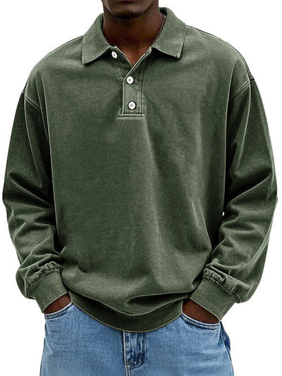 Polo Sweatshirt - Collared - Washed - Oversized Pullover - Men's Clothing-Grace Aura