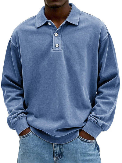 Polo Sweatshirt - Collared - Washed - Oversized Pullover - Men's Clothing-Grace Aura