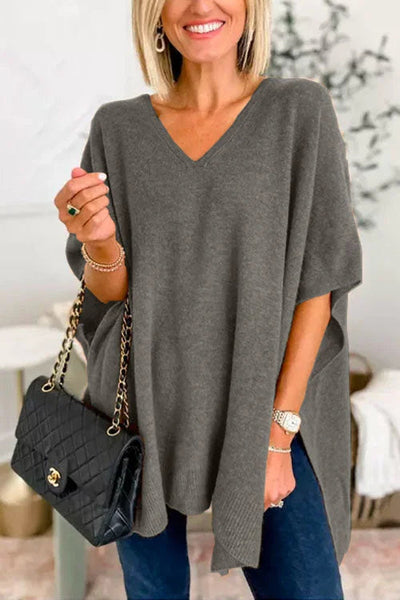 Poncho - Women's Short Sleeve V-Neck Knitted Poncho Sweater-Grace Aura