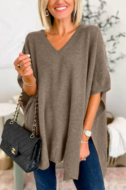 Poncho - Women's Short Sleeve V-Neck Knitted Poncho Sweater-Grace Aura