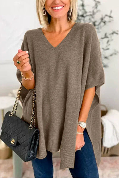 Poncho - Women's Short Sleeve V-Neck Knitted Poncho Sweater-Grace Aura