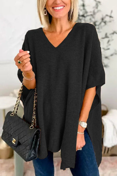 Poncho - Women's Short Sleeve V-Neck Knitted Poncho Sweater-Grace Aura