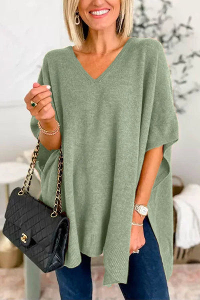 Poncho - Women's Short Sleeve V-Neck Knitted Poncho Sweater-Grace Aura