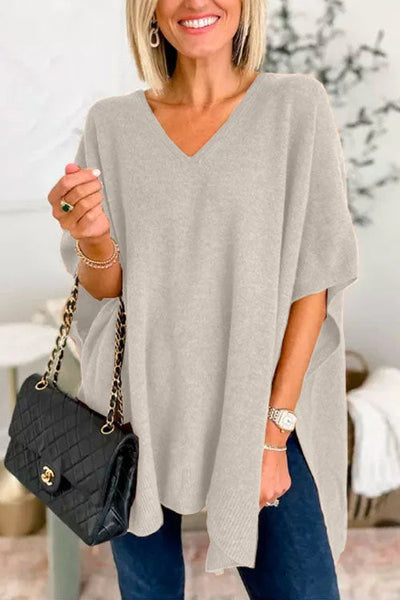 Poncho - Women's Short Sleeve V-Neck Knitted Poncho Sweater-Grace Aura