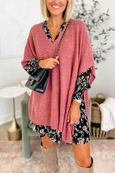 Poncho - Women's Short Sleeve V-Neck Knitted Poncho Sweater-Grace Aura