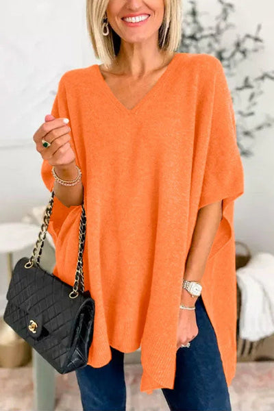 Poncho - Women's Short Sleeve V-Neck Knitted Poncho Sweater-Grace Aura