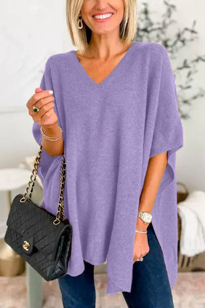 Poncho - Women's Short Sleeve V-Neck Knitted Poncho Sweater-Grace Aura