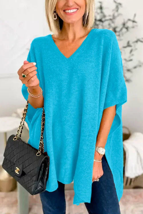 Poncho - Women's Short Sleeve V-Neck Knitted Poncho Sweater-Grace Aura