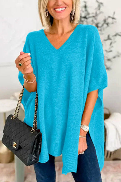 Poncho - Women's Short Sleeve V-Neck Knitted Poncho Sweater-Grace Aura
