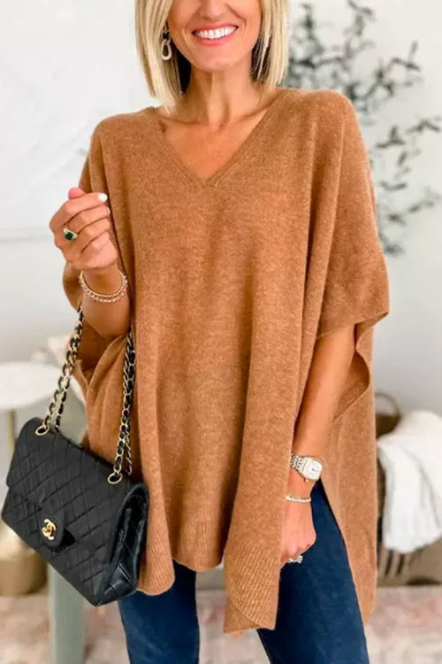Poncho - Women's Short Sleeve V-Neck Knitted Poncho Sweater-Grace Aura