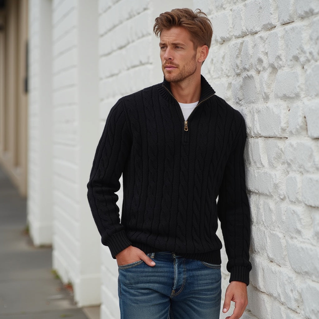 Quarter-Zip Jumper - Cable Knit - Knitted - Polo Jumper - Men's Half-Zip Sweater-Grace Aura