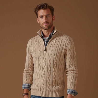 Quarter-Zip Jumper - Cable Knit - Knitted - Polo Jumper - Men's Half-Zip Sweater-Grace Aura
