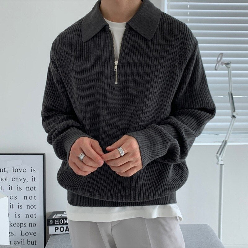 Quarter Zip Jumper | Knitted | Loose Fit | Polo Jumper | Men's Half Zip Pullover-Grace Aura